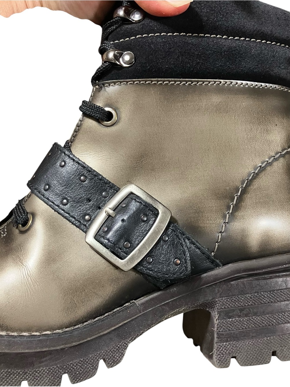 Dromedaris Leather Ankle Boots EU 38 Black Fur Lined Buckle Lug Chunky Sole - Picture 14 of 16